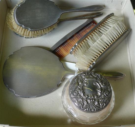 Edwardian cut glass powder jar with embossed silver top & an Elkington silver-mounted dressing table set (6-pce)(-)